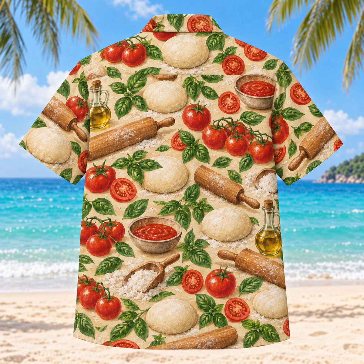 Back view of Dough Table Home Pizza Making Hawaiian Shirt with matching artwork in sage, wheat, tomato