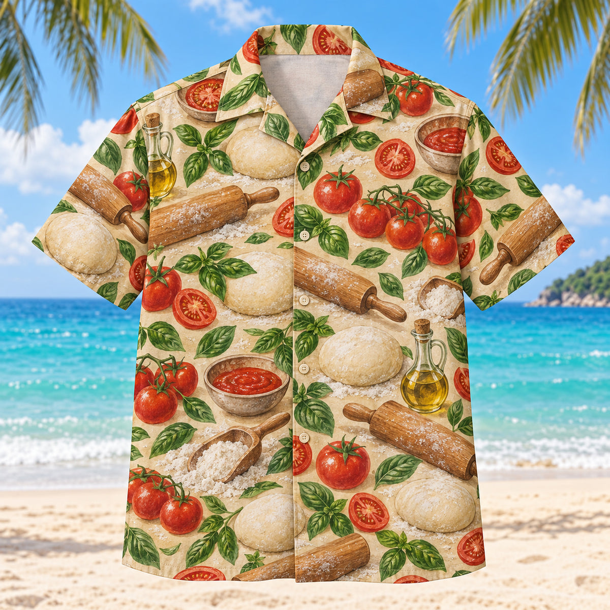 Front view of Dough Table Home Pizza Making Hawaiian Shirt with original, text-free illustrations of dough balls, rolling tools, tomatoes and basil on a warm field