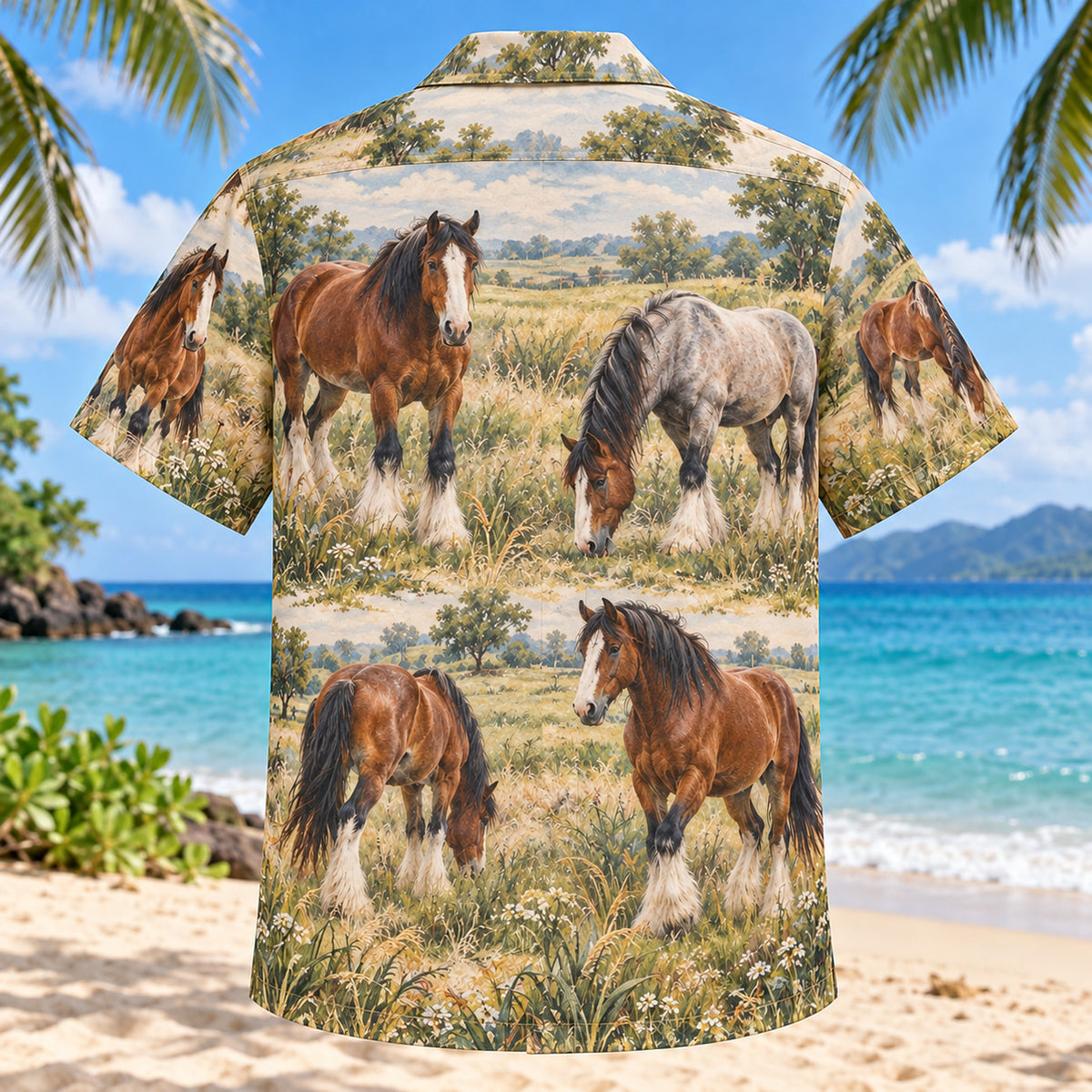 Back view of Draft Horse Field Horse Hawaiian Shirt with matching artwork in brown, moss, ivory