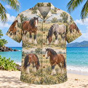 Front view of Draft Horse Field Horse Hawaiian Shirt with gentle draft horses among field grasses