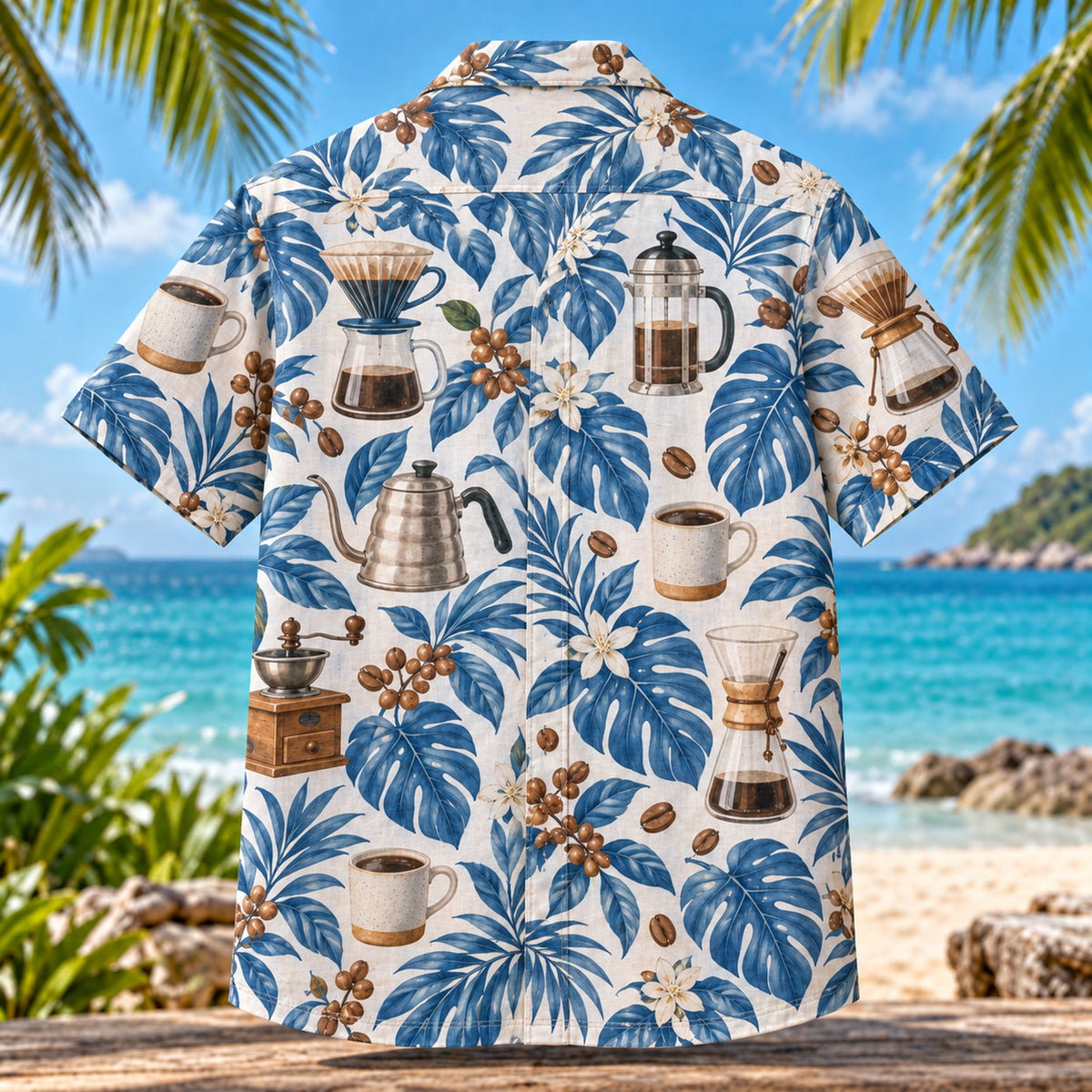 Back view of Drip Coffee Specialty Coffee Hawaiian Shirt with matching artwork in blue, white, tan