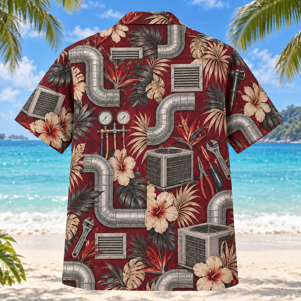 Back view of Duct Curve HVAC Hawaiian Shirt with matching artwork in burgundy, beige, charcoal