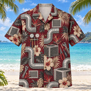 Front view of Duct Curve HVAC Hawaiian Shirt with original duct curve motifs, with tropical botanical accents; no text or branded equipment