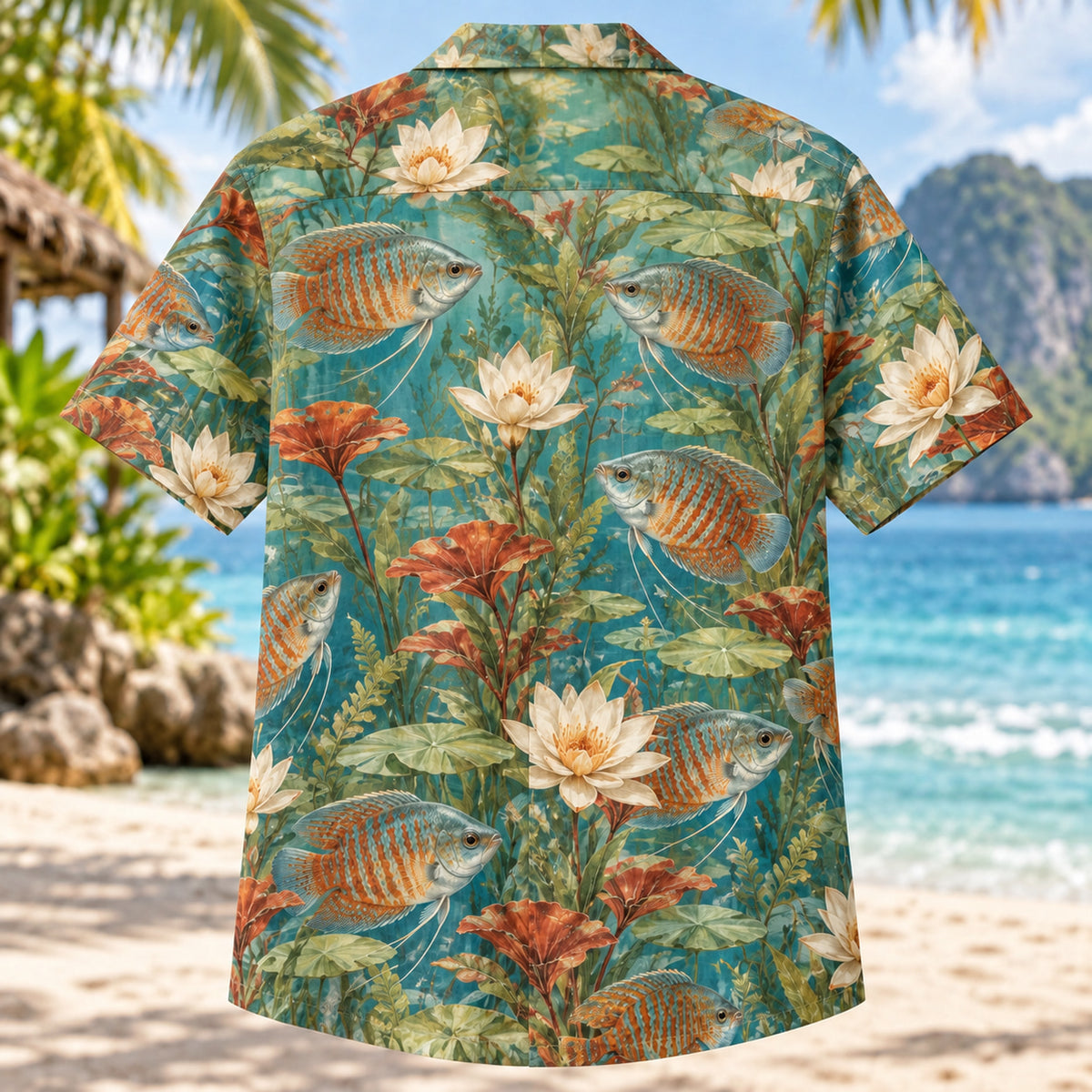 Back view of Dwarf Gourami Bloom Freshwater Aquarium Hawaiian Shirt with matching artwork in turquoise, rust, cream