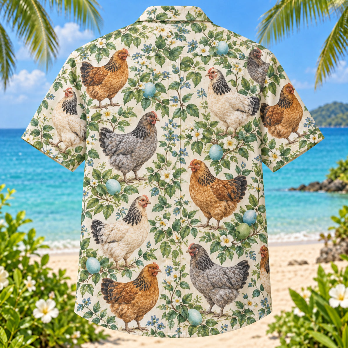 Back view of Easter Egger Eggs Chicken Hawaiian Shirt with matching artwork in blue, green, cream