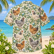 Back view of Easter Egger Eggs Chicken Hawaiian Shirt with matching artwork in blue, green, cream