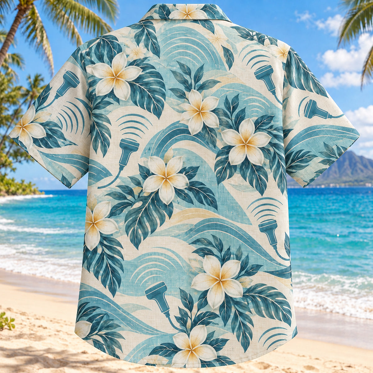 Back view of Echo Waves Aqua Sand Diagnostic Medical Sonographer Hawaiian Shirt on a Hawaiian beach with fine white or light yellow sand and no dark rocks