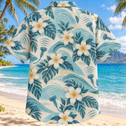 Back view of Echo Waves Aqua Sand Diagnostic Medical Sonographer Hawaiian Shirt on a Hawaiian beach with fine white or light yellow sand and no dark rocks