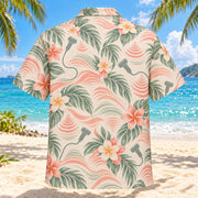 Back view of Echo Waves Coral Sage Diagnostic Medical Sonographer Hawaiian Shirt with matching artwork in soft coral, sage, cream
