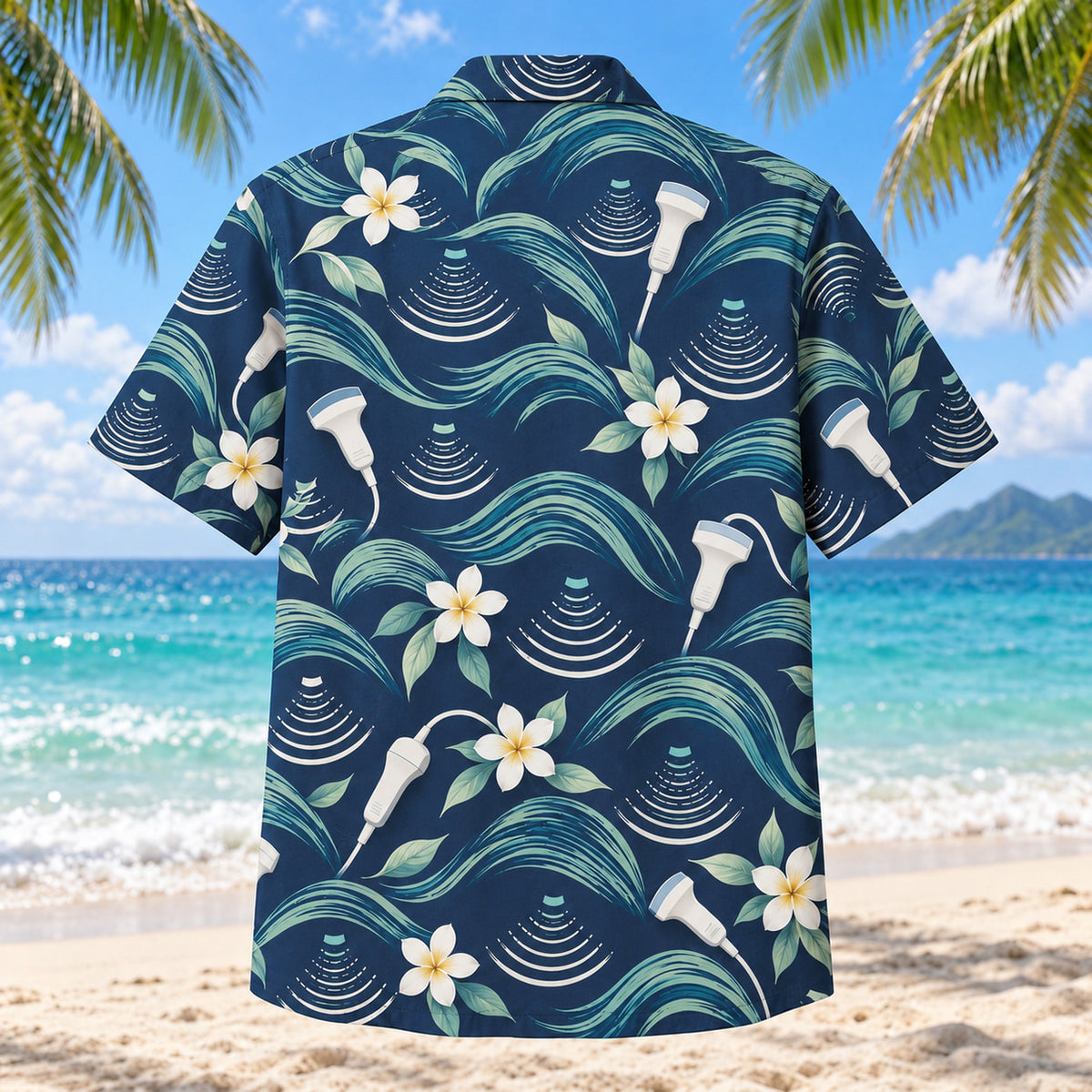 Back view of Echo Waves Navy Sonographer Hawaiian Shirt with matching artwork in navy, seafoam, ivory