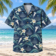 Front view of Echo Waves Navy Sonographer Hawaiian Shirt with original abstract ultrasound wave arcs, tiny generic probe silhouettes and soft plumeria in an open rhythmic repeat