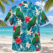 Back view of Eclectus Lagoon Parrot Hawaiian Shirt with matching pet parrot artwork in emerald, crimson, turquoise, ivory