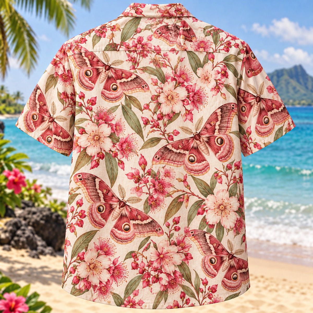 Back view of Emperor Gum Moth Butterfly and Moth Hawaiian Shirt with matching artwork in pink, red, cream