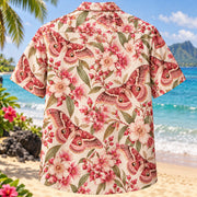 Back view of Emperor Gum Moth Butterfly and Moth Hawaiian Shirt with matching artwork in pink, red, cream