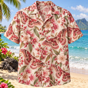 Front view of Emperor Gum Moth Butterfly and Moth Hawaiian Shirt with emperor gum moths among soft blossoms