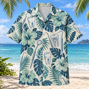 Front view of Enamel Study Dentist Hawaiian Shirt with original enamel study motifs, with tropical botanical accents; no text or branded equipment
