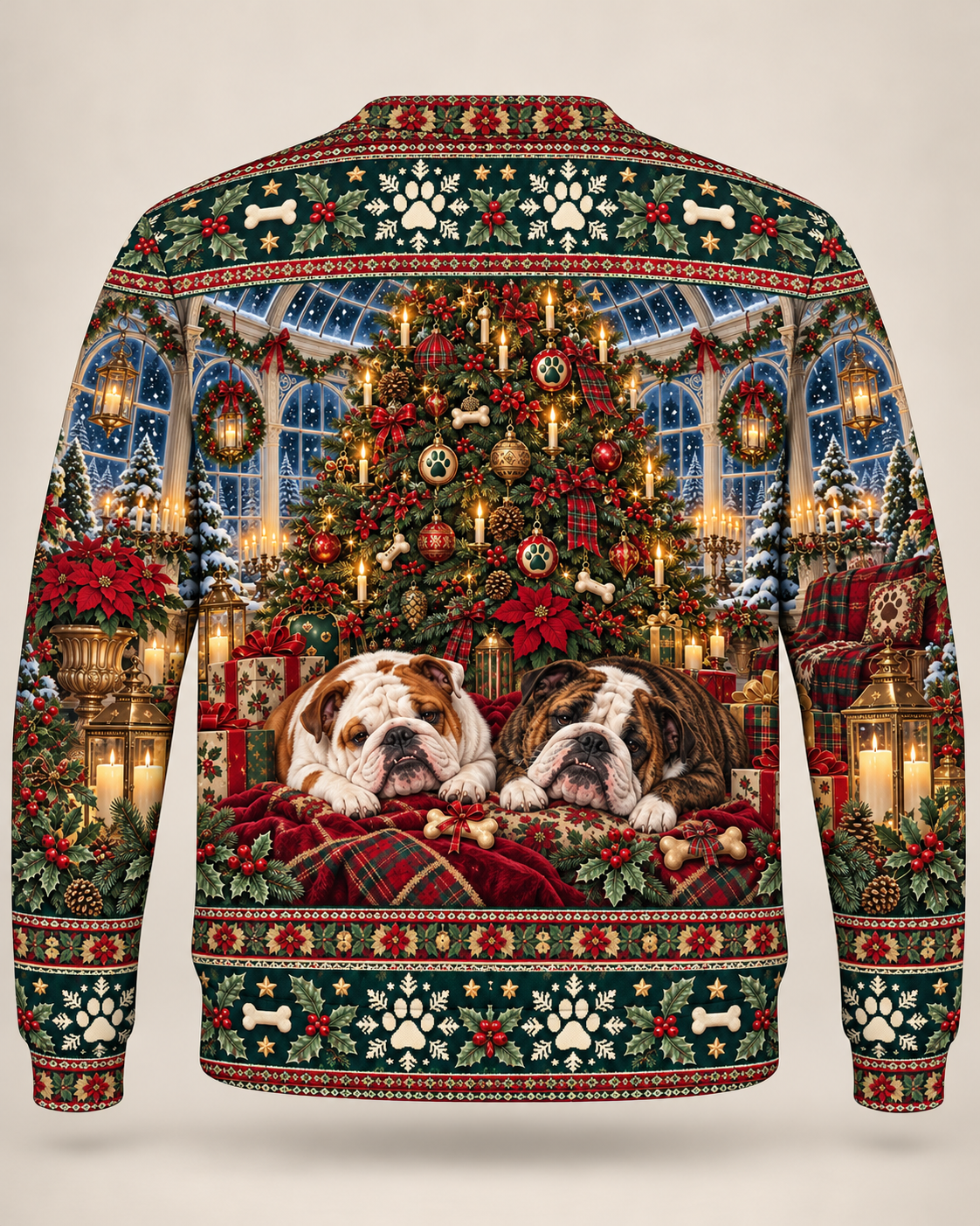 English Bulldog Christmas Ugly Sweater Candlelit Conservatory back