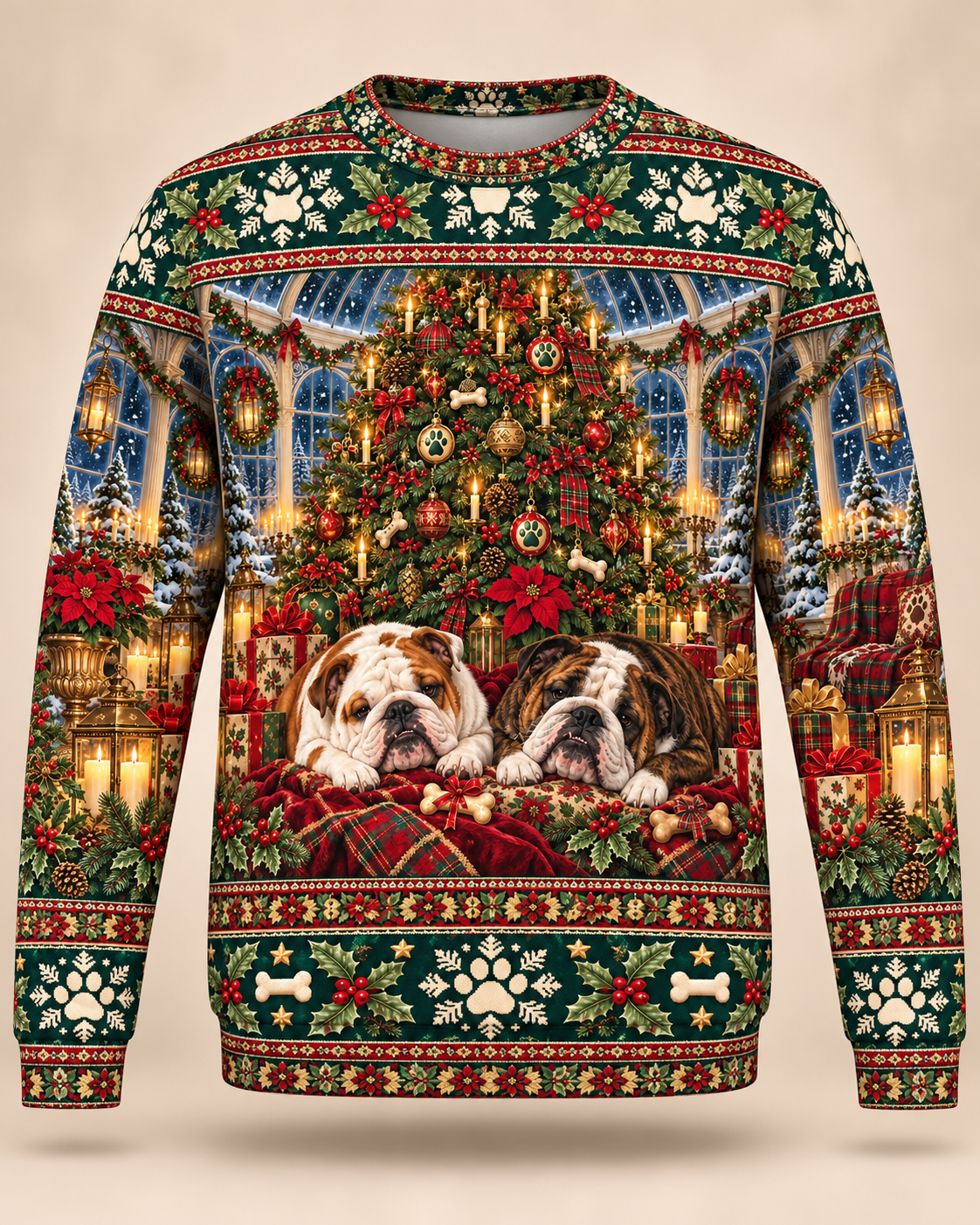 English Bulldog Christmas Ugly Sweater Candlelit Conservatory front