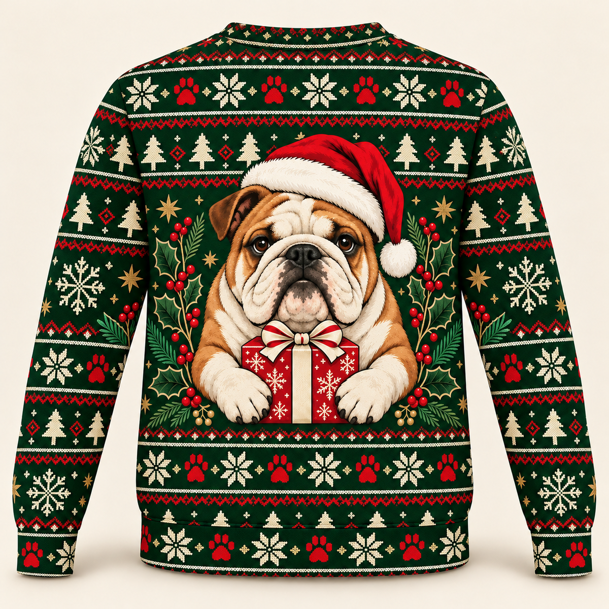 English Bulldog Christmas Ugly Sweater with Santa hat and wrapped gift back