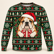 English Bulldog Christmas Ugly Sweater with Santa hat and wrapped gift front