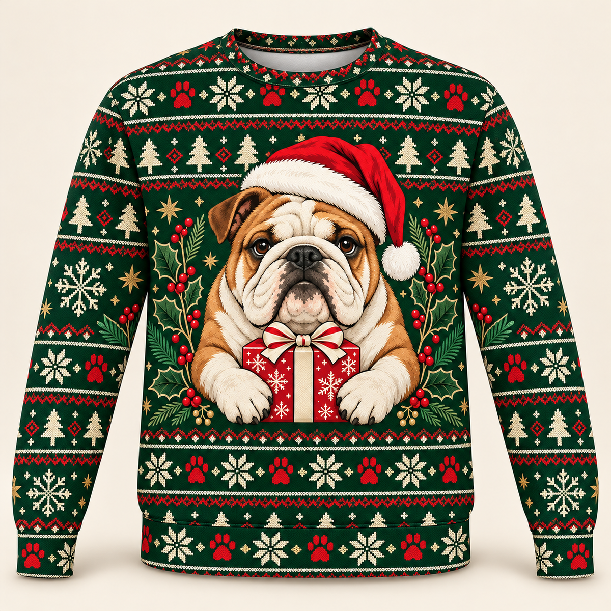 English Bulldog Christmas Ugly Sweater with Santa hat and wrapped gift front