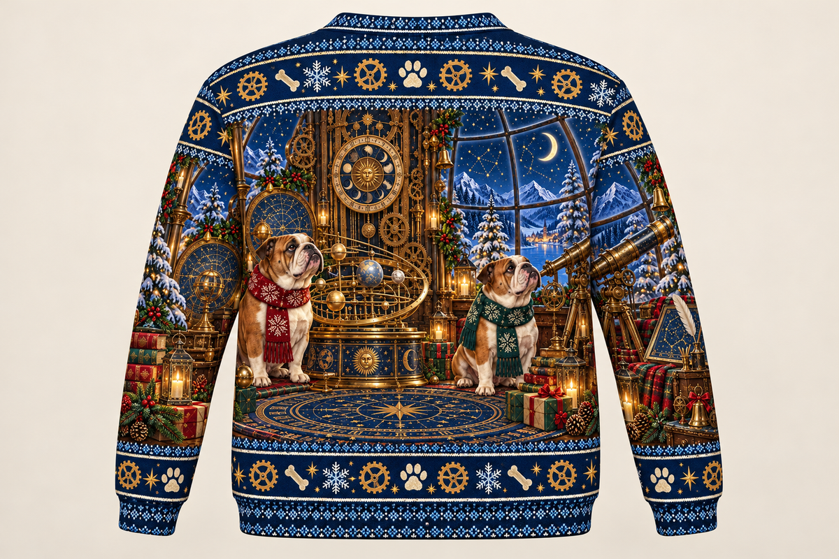 English Bulldog Christmas Ugly Sweater Clockmaker Observatory back