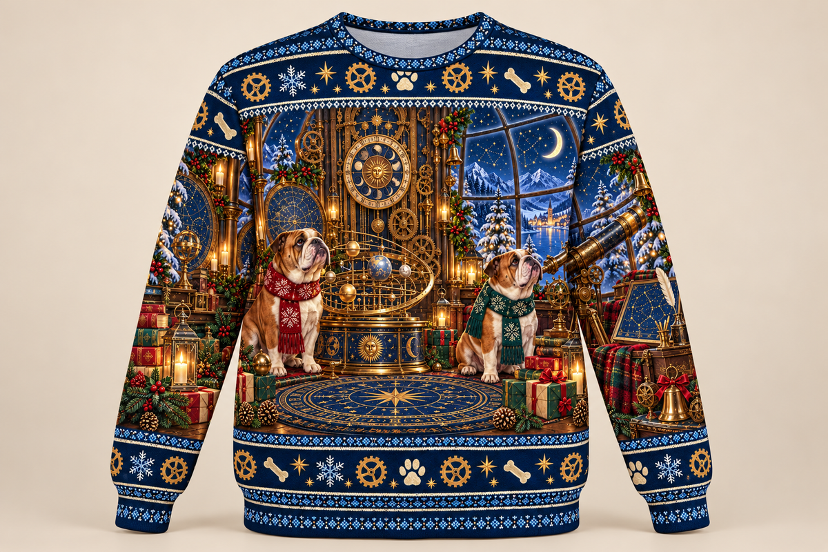 English Bulldog Christmas Ugly Sweater Clockmaker Observatory front