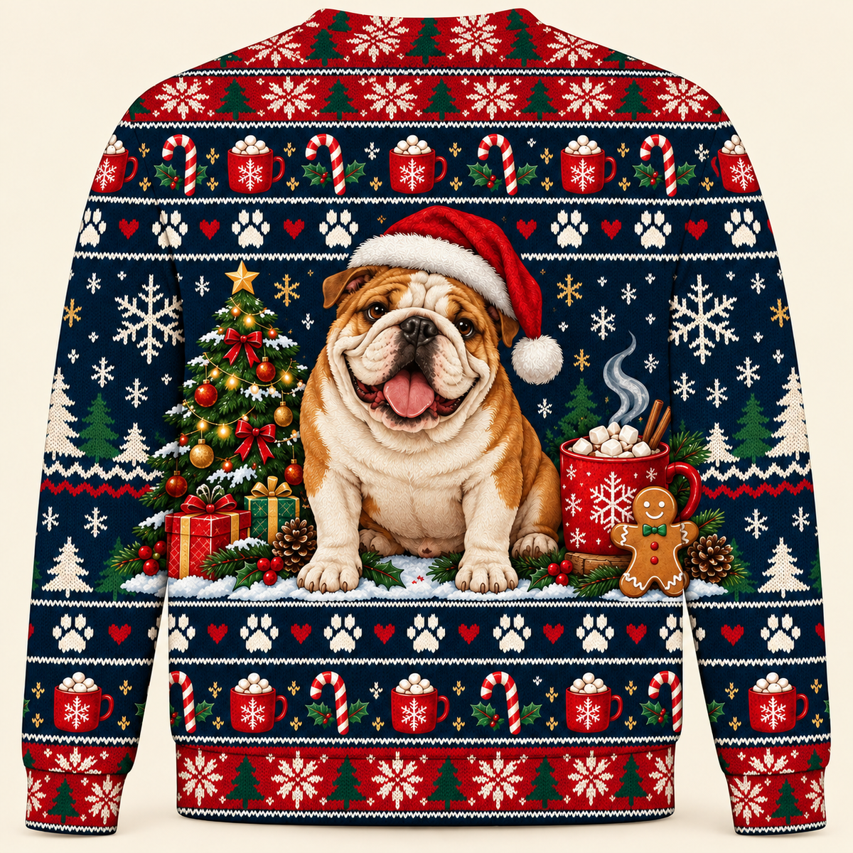 English Bulldog Christmas Ugly Sweater with cocoa and Christmas tree back