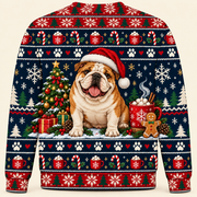 English Bulldog Christmas Ugly Sweater with cocoa and Christmas tree back