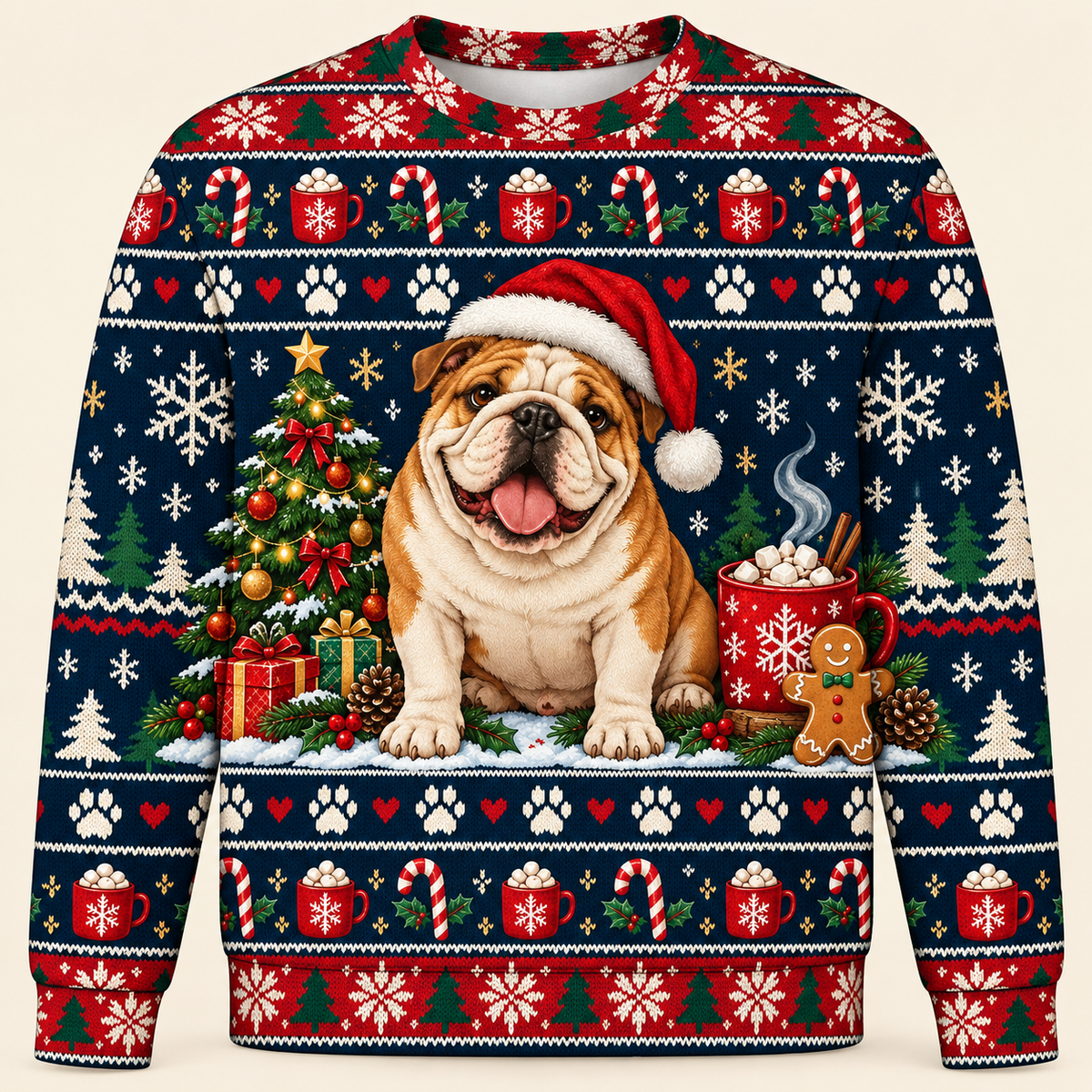 English Bulldog Christmas Ugly Sweater – Cocoa & Tree