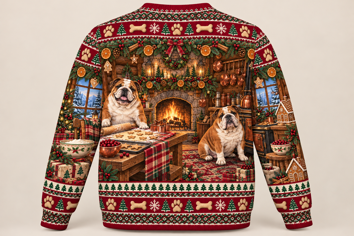 English Bulldog Christmas Ugly Sweater Cranberry Lodge back