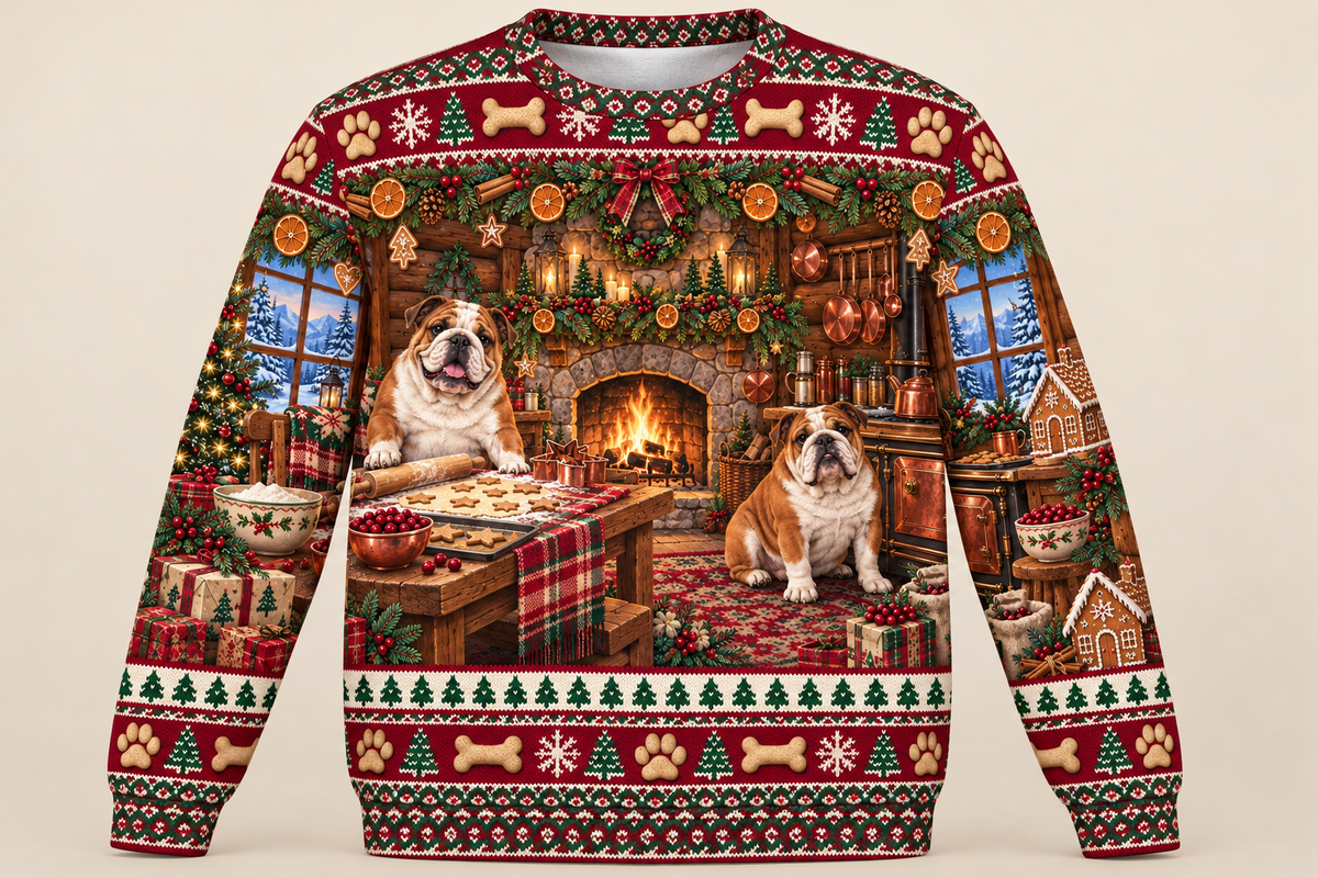 English Bulldog Christmas Ugly Sweater Cranberry Lodge front