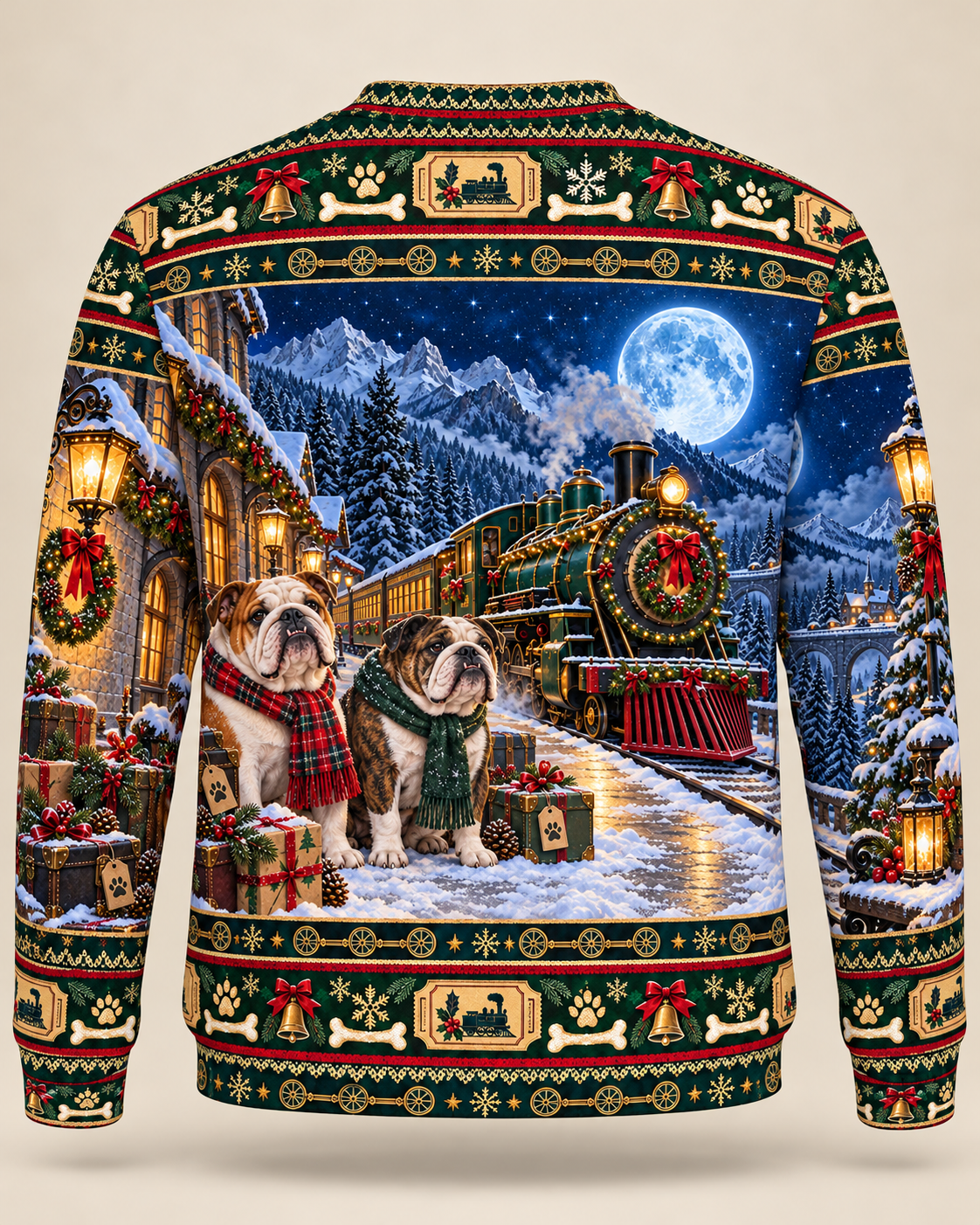English Bulldog Christmas Ugly Sweater Moonlit Railway back