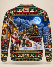 English Bulldog Christmas Ugly Sweater Moonlit Railway back