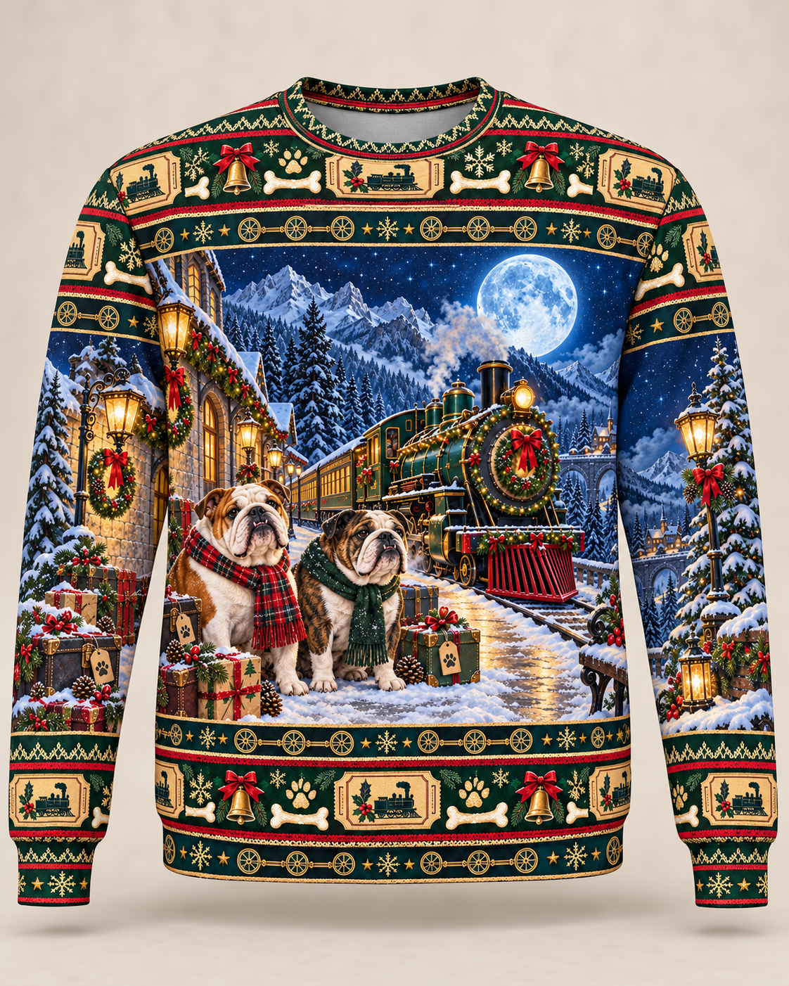 English Bulldog Christmas Ugly Sweater Moonlit Railway front