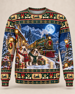 English Bulldog Christmas Ugly Sweater – Moonlit Railway