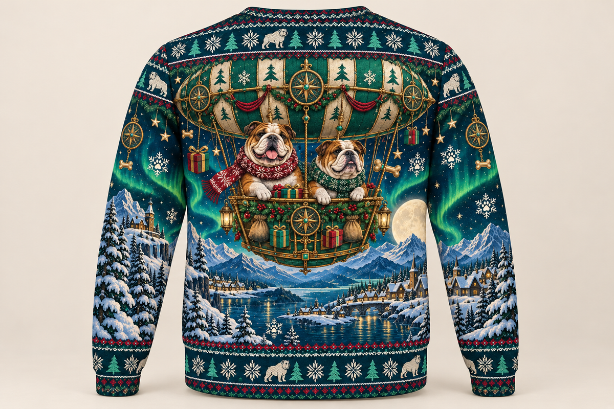 English Bulldog Christmas Ugly Sweater Northern Lights Airship back