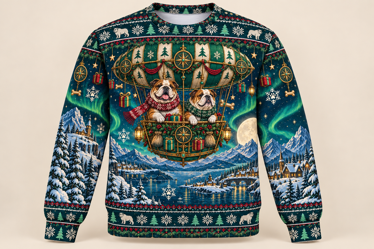 English Bulldog Christmas Ugly Sweater – Northern Lights Airship