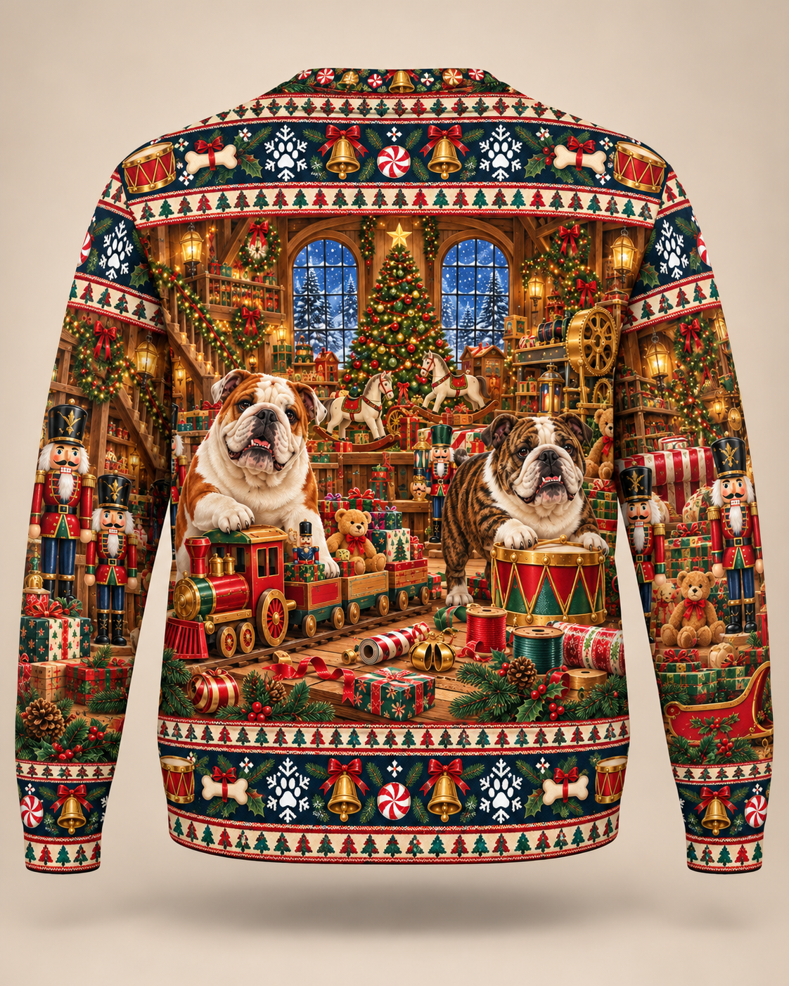 English Bulldog Christmas Ugly Sweater Nutcracker Workshop back