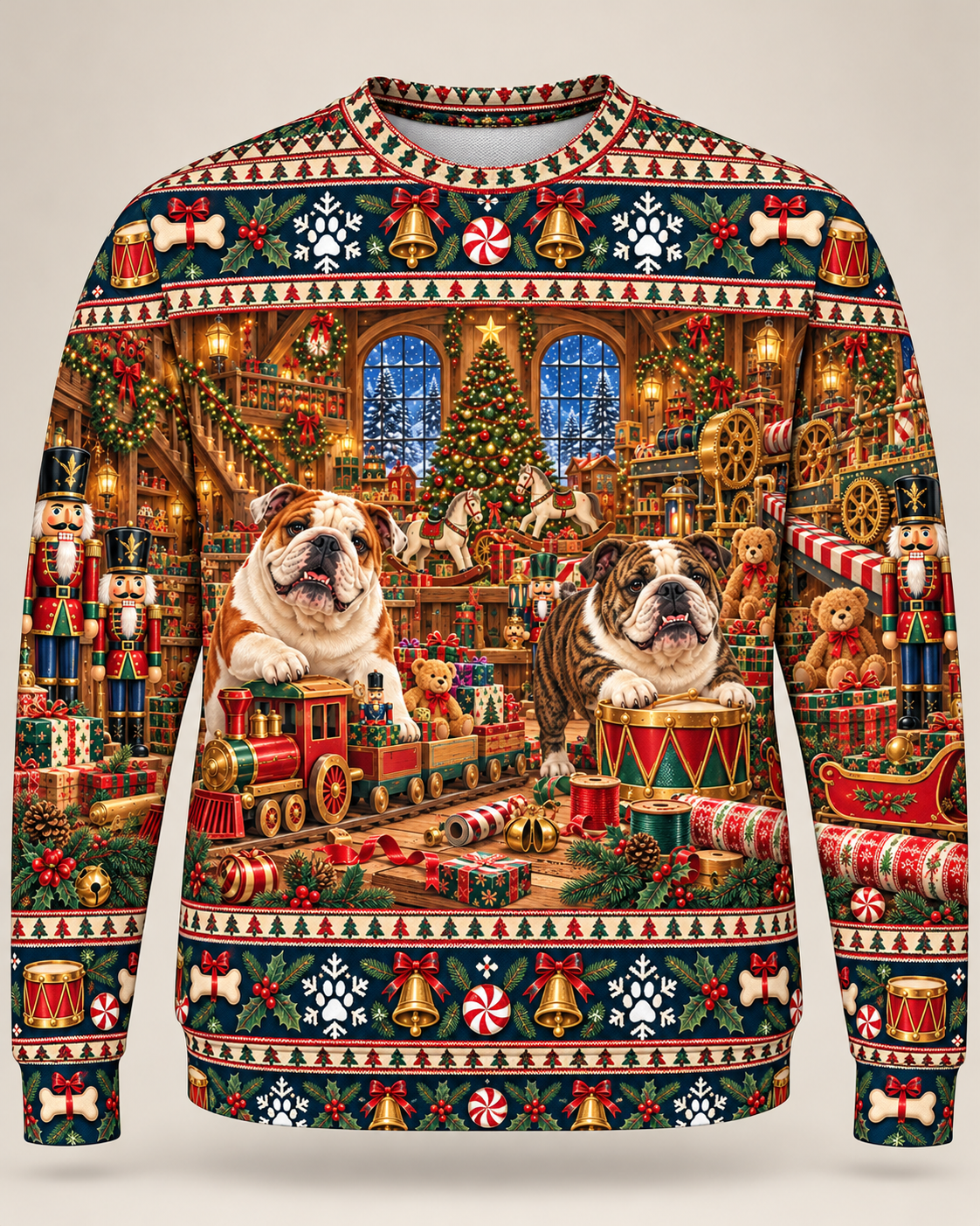 English Bulldog Christmas Ugly Sweater Nutcracker Workshop front