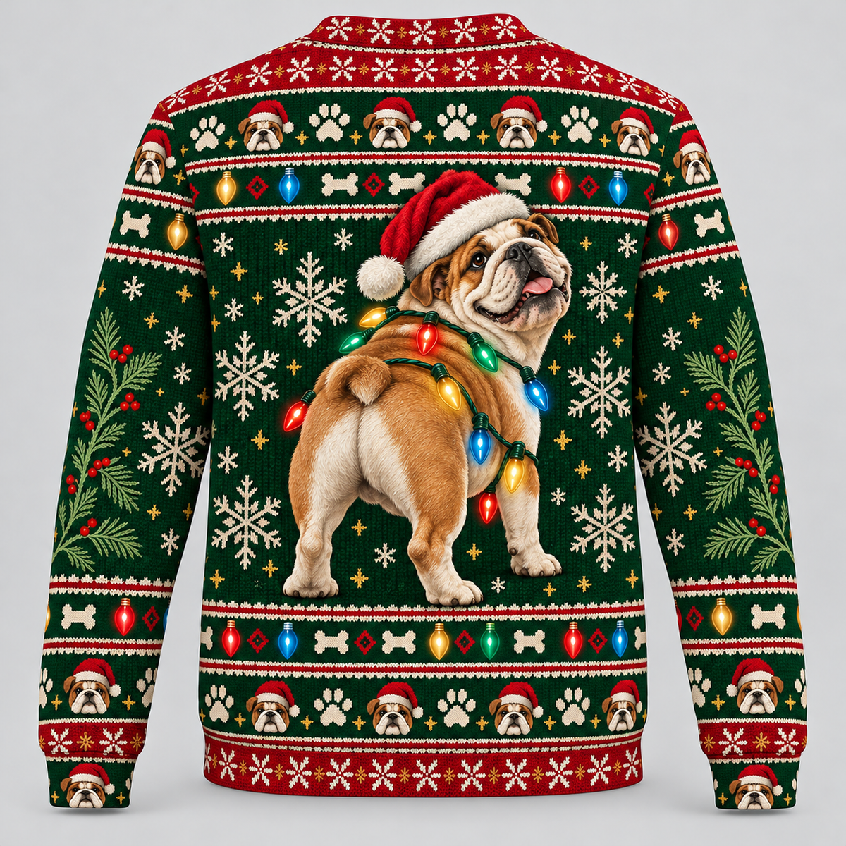 English Bulldog Christmas Ugly Sweater with Santa hat and colorful lights back