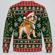 English Bulldog Christmas Ugly Sweater with Santa hat and colorful lights back
