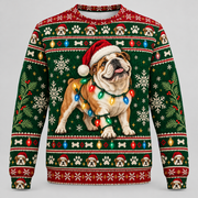 English Bulldog Christmas Ugly Sweater with Santa hat and colorful lights front