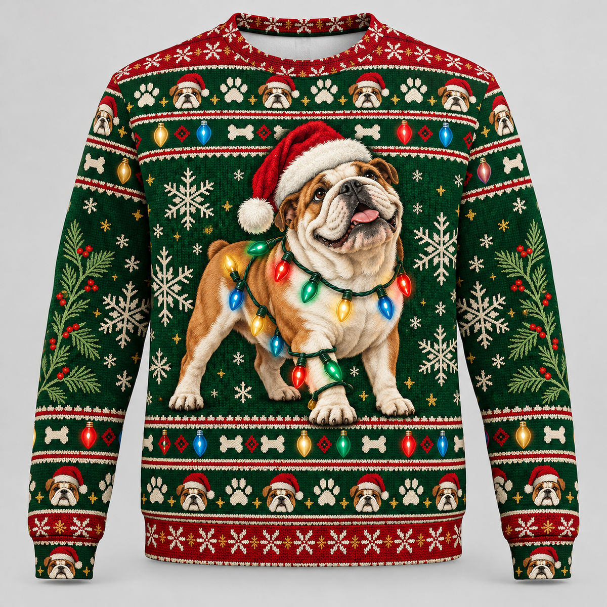 English Bulldog Christmas Ugly Sweater with Santa hat and colorful lights front
