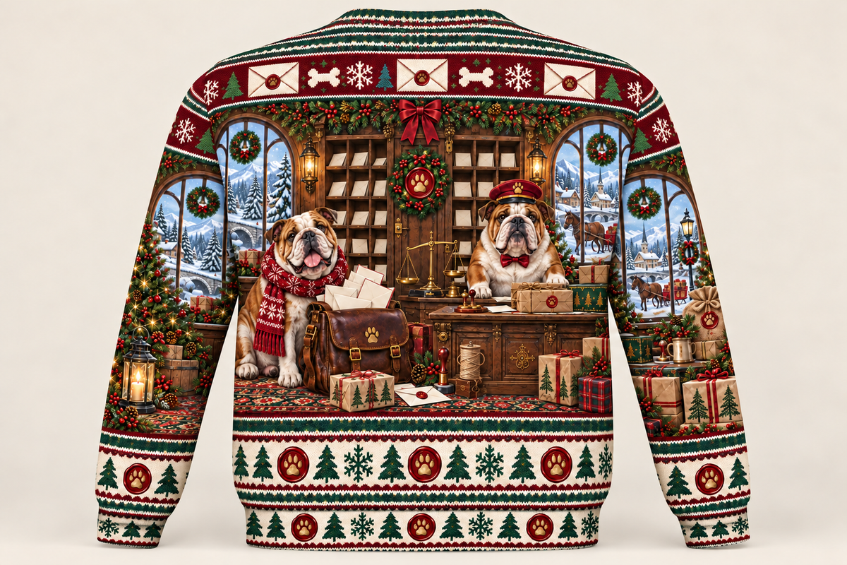 English Bulldog Christmas Ugly Sweater Snowy Post Office back