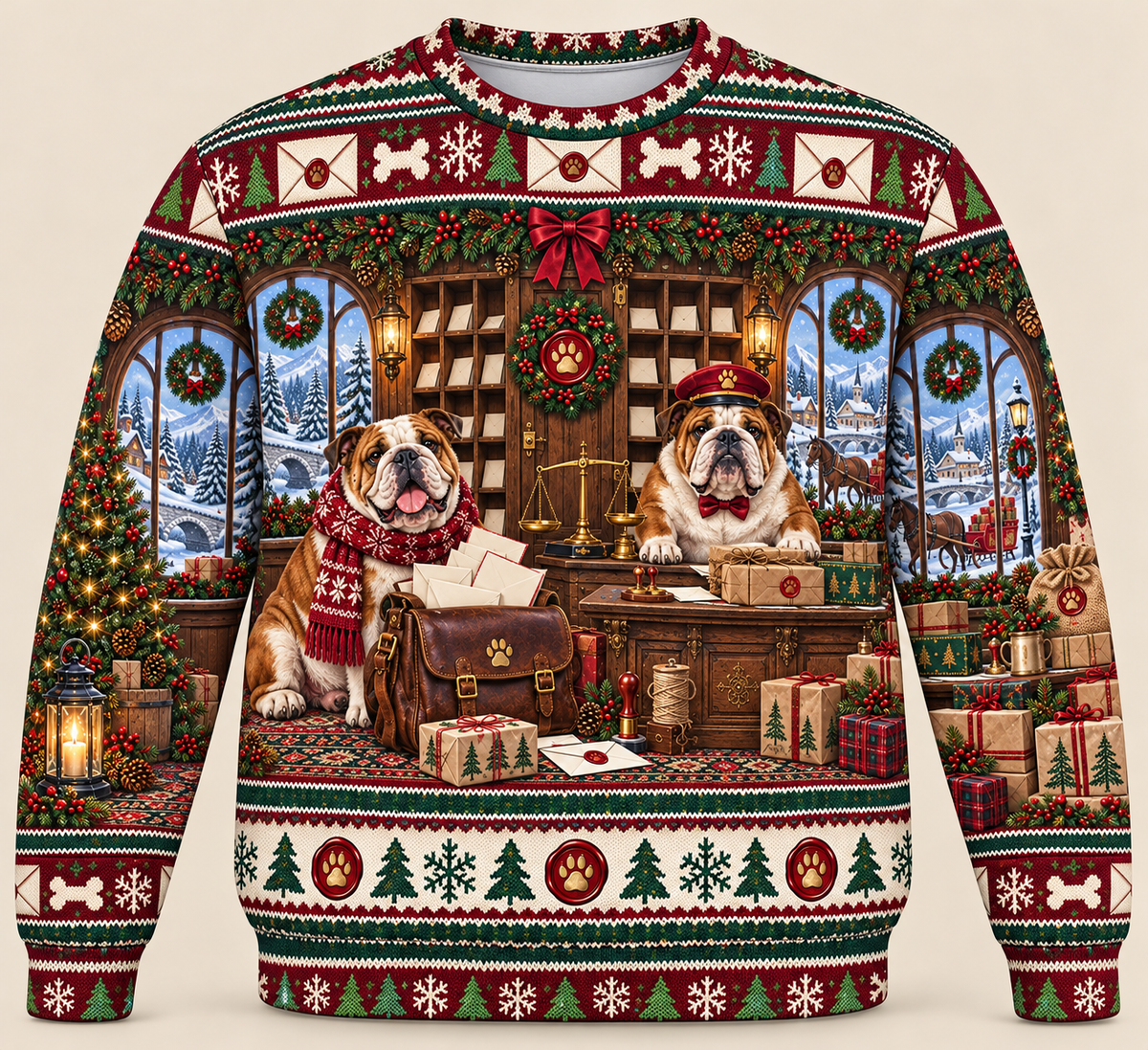 English Bulldog Christmas Ugly Sweater – Snowy Post Office