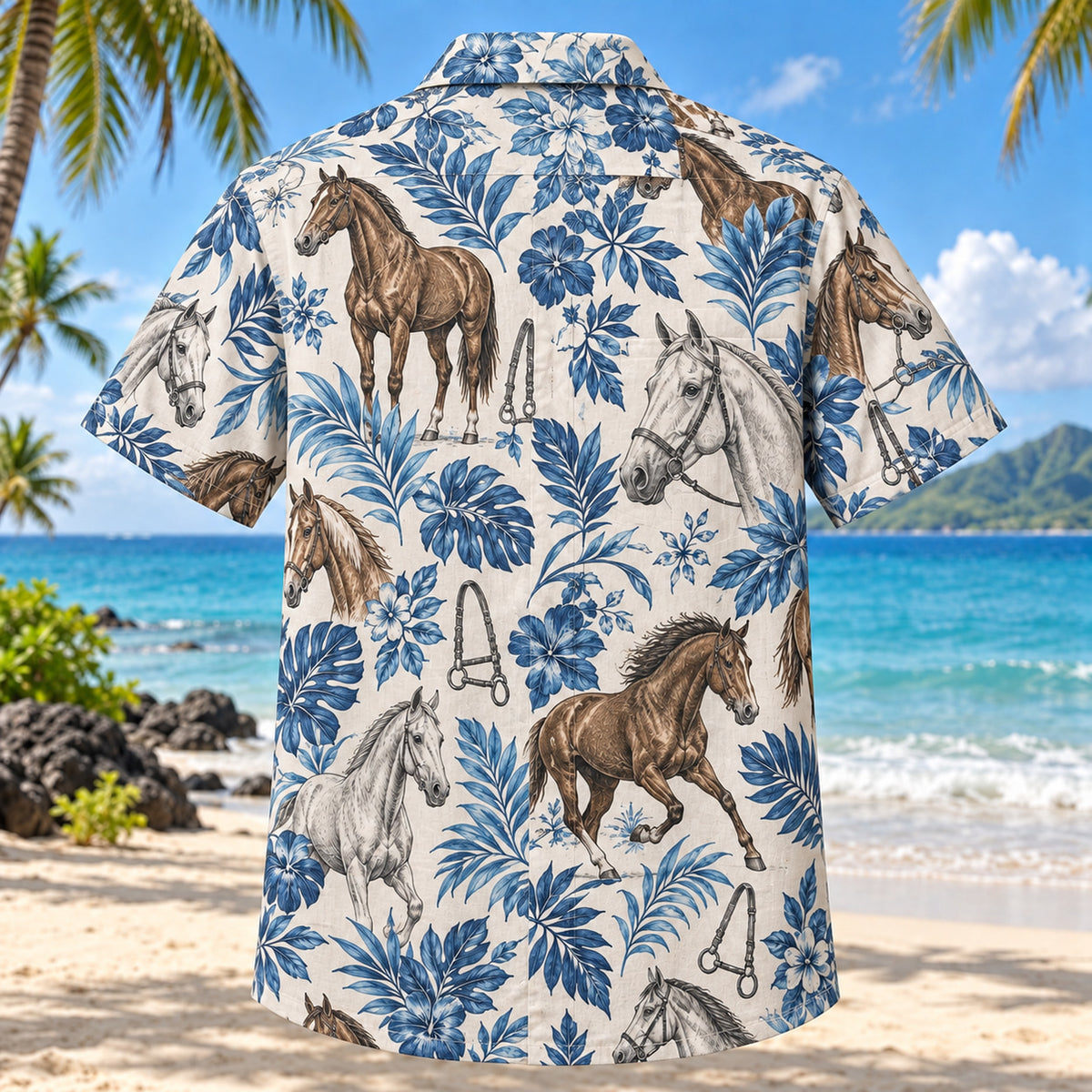 Back view of Equestrian Blueprint Horse Hawaiian Shirt with matching artwork in blue, white, tan
