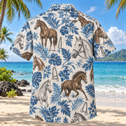 Back view of Equestrian Blueprint Horse Hawaiian Shirt with matching artwork in blue, white, tan