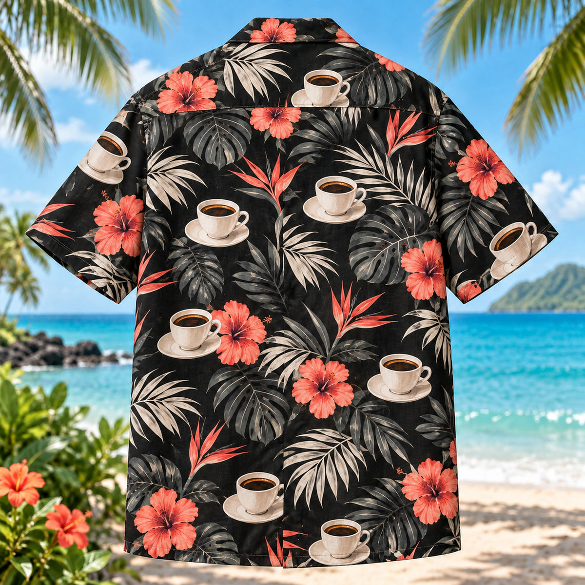 Back view of Espresso Cup Specialty Coffee Hawaiian Shirt with matching artwork in black, coral, ivory