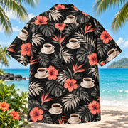 Back view of Espresso Cup Specialty Coffee Hawaiian Shirt with matching artwork in black, coral, ivory